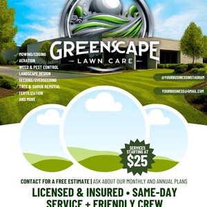 May include: A promotional flyer for Greenscape Lawn Care, featuring a green and white color scheme. The flyer lists services such as mowing, aeration, and weed control. The text includes contact information and a starting price of $25.