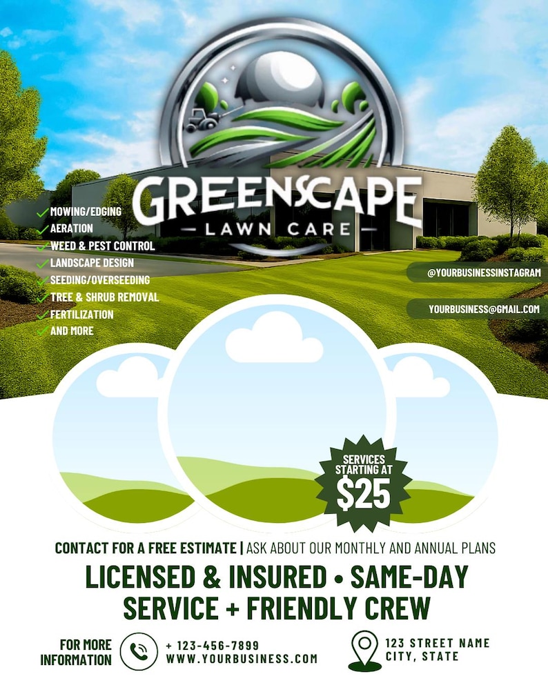 May include: A promotional flyer for Greenscape Lawn Care, featuring a green and white color scheme. The flyer lists services such as mowing, aeration, and weed control. The text includes contact information and a starting price of $25.