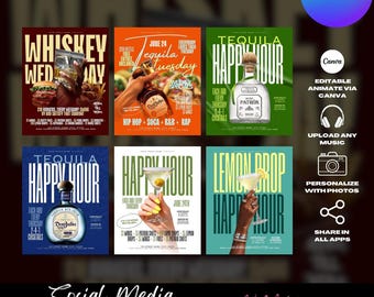 Happy Hour Flyer Templates, Bar & Grill, Club Event, Restaurant  (Editable Canva Digital Product)