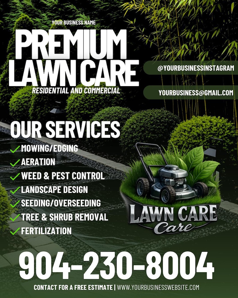 May include: A promotional graphic for lawn care services. The image features the text "Premium Lawn Care" and lists services such as mowing, aeration, and weed control. A lawnmower graphic is also included, along with a phone number and website address.