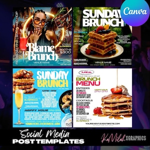 May include: Four social media post templates with a brunch theme. The designs feature waffles, pancakes, and cocktails. Text includes "Blame Brunch" and "Sunday Brunch" with event details. The Canva logo is visible in the top right corner.