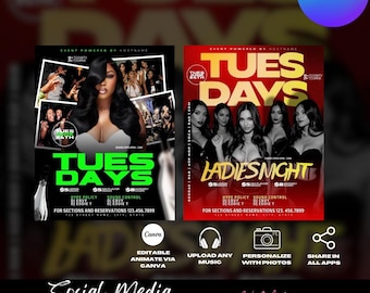 Modèles modifiables de Flyer Club, le mardi à deux dollars, ladies night, Canva (téléchargement numérique)