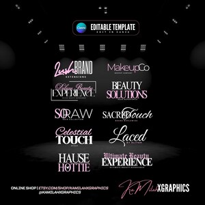 Peut inclure: Une collection numérique de dix logos distincts avec une typographie rose et blanche sur fond noir. Le texte comprend Lush Brand Extensions, MakeupCo, Deluxe Beauty Experience, Beauty Solutions, So Raw, Sacred Touch, Celestial Touch, Laced, Hause Hottie et Ultimate Beauty Experience.