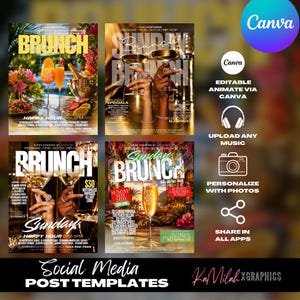 May include: A digital collection of four Sunday brunch social media templates featuring imagery of cocktails, champagne flutes, and brunch food. The designs include text overlays for event details, music genres, and contact information, with Canva branding.