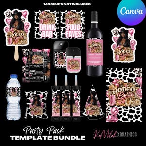 Könnte beinhalten: Ein Party-Pack-Vorlagen-Bundle mit Rodeo-Thema. Das Design umfasst einen schwarz-weißen Kuhdruck, rosa Akzente und die Worte "Rodeo Baddies". Das Bundle enthält eine Weinflasche, eine Wasserflasche und andere Partyartikel.