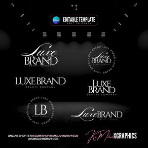 Könnte beinhalten: Eine digitale Grafikdesign-Vorlage mit mehreren weißen Logo-Variationen für Luxe Brand Beauty Company auf schwarzem Hintergrund. Der Text umfasst Luxe Brand, LB und KamilahxGraphics sowie ein bearbeitbares Canva-Vorlagen-Etikett.