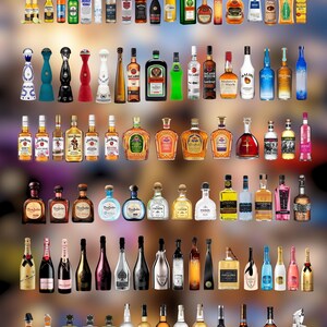 Peut inclure: Une collection de bouteilles de spiritueux vari&eacute;es, dont de la tequila, de la vodka, du whisky et du champagne. Les bouteilles sont de diff&eacute;rentes formes, tailles et couleurs, avec des &eacute;tiquettes de marques visibles. L'image pr&eacute;sente une grande vari&eacute;t&eacute; de boissons alcoolis&eacute;es.