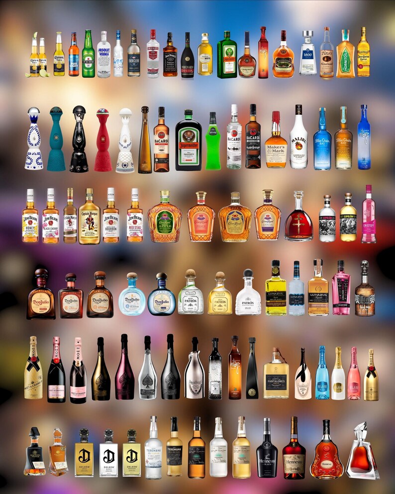 Peut inclure: Une collection de bouteilles de spiritueux vari&eacute;es, dont de la tequila, de la vodka, du whisky et du champagne. Les bouteilles sont de diff&eacute;rentes formes, tailles et couleurs, avec des &eacute;tiquettes de marques visibles. L'image pr&eacute;sente une grande vari&eacute;t&eacute; de boissons alcoolis&eacute;es.