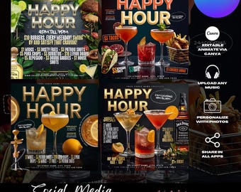Modèles de Flyer Happy Hour, cocktail et bière, événement bar (modifiables sur toile)