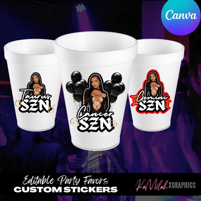 May include: Three white foam cups with custom printed designs featuring zodiac signs and a woman in a black outfit. The cups are labeled "Taurus SZN", "Cancer SZN", and "Gemini SZN".