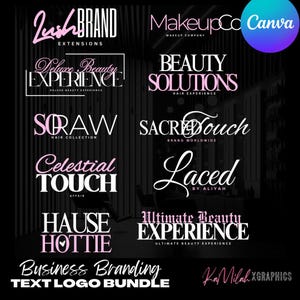 Puede incluir: Una colección de logotipos de texto rosa y blanco para empresas de belleza. Los logotipos incluyen nombres como "Lush Brand Extensions", "Deluxe Beauty Experience", "Beauty Solutions", "Straw Hair Collection", "Celestial Touch Affair", "Sacred Touch Brand Worldwide", "Laced by Aliyah", "Hause Hottie", "Ultimate Beauty Experience" y "KaMilah XGraphics".