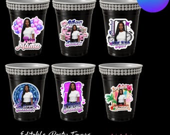 Editable Party Cup Stickers, Custom Party Favors (Canva Digital Download)