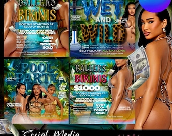 May include: Social media post templates with a party theme. The templates feature bikini-clad models, dollar bills, and text that reads "Ballers & Bikinis," "Wet and Wild," and "Pool Party." The Canva logo is visible in the upper right corner.