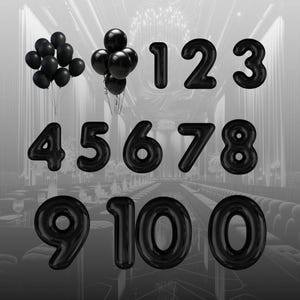 May include: Black balloon numbers 1 through 10. The numbers are arranged in two rows. The first row has numbers 1, 2, and 3. The second row has numbers 4, 5, 6, 7, 8, 9, 10. The numbers are in a black and white setting.
