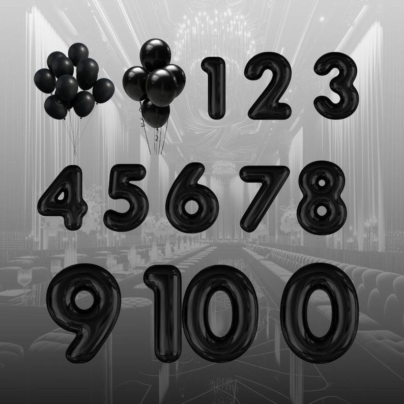 May include: Black balloon numbers 1 through 10. The numbers are arranged in two rows. The first row has numbers 1, 2, and 3. The second row has numbers 4, 5, 6, 7, 8, 9, 10. The numbers are in a black and white setting.