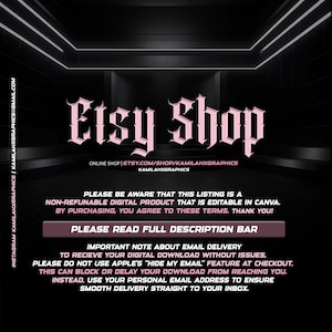 May include: A digital product listing image with the text "Etsy Shop" in a pink gothic font. The image includes the shop's Instagram handle and email address. Additional text provides details about the product and email delivery.