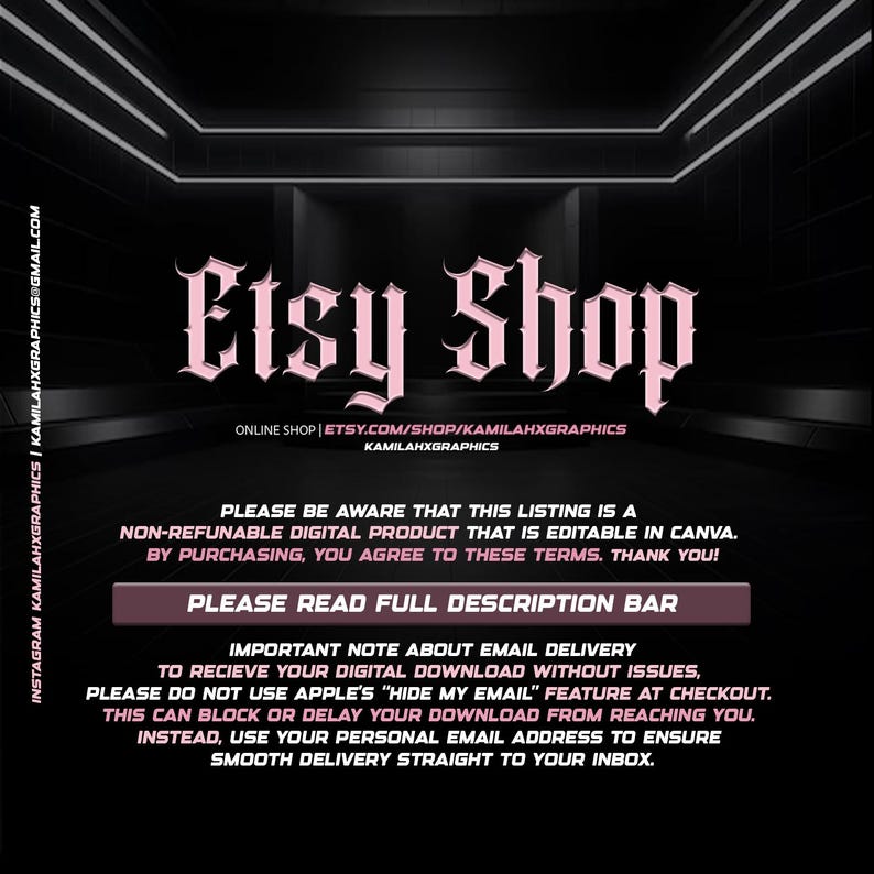 May include: A digital product listing image with the text "Etsy Shop" in a pink gothic font. The image includes the shop's Instagram handle and email address. Additional text provides details about the product and email delivery.