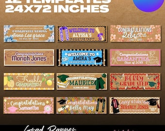 Puede incluir: Doce plantillas de pancartas de graduación, cada una de 61 x 183 cm. Las pancartas presentan mensajes de felicitación y nombres, como "Congratulations Beverly Jones" y "Welcome to Alyssa's Graduation Party", con gráficos temáticos.