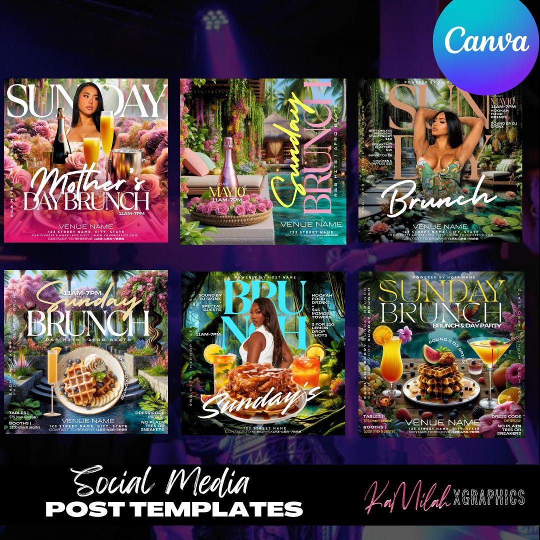 Brunch Flyer (6 TEMPLATES), Brunch, Day Party, Club flyer, Event flyer, Ladies night, Sunday Funday, Hookah flyer, Happy Birthday, Party
