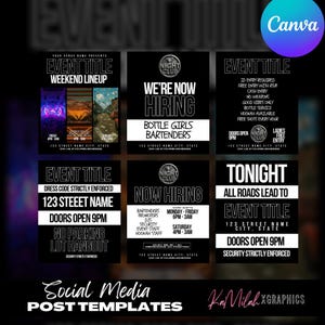 May include: A collection of black and white social media post templates for a nightclub, with event titles, hiring announcements, and promotional details. The templates include text such as "Now Hiring" and "Tonight".