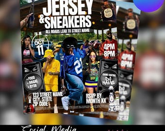 Modèle de flyer de soirée jersey et baskets, fête de quartier, narguilé (modifiable sur toile)