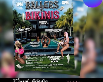 Modèles de Flyer Pool Party, ballerines et bikinis, éditables sur toile (téléchargement numérique)