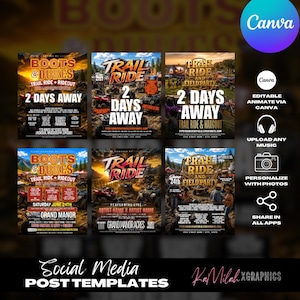 Könnte beinhalten: Eine Sammlung von Social-Media-Post-Vorlagen für Offroad-Veranstaltungen. Die Designs zeigen lebendige Farben, Eventnamen wie "Boots & Dukes" und "Trail Ride" und enthalten Details wie Daten und Orte. Das Canva-Logo ist sichtbar, was auf die Bearbeitbarkeit der Vorlagen hinweist.