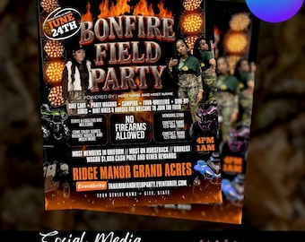 Bonfire Field Party Flyer Template, Camo Rodeo Theme (Editable Canva)