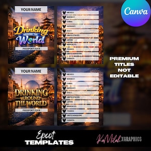 Könnte beinhalten: Eine digitale Vorlage für einen Drinking Around the World Reisepass mit nächtlichem Motiv, Feuerwerk, einer Weltkugel und einer Länderliste mit Mexiko, Norwegen, China, Deutschland, Italien, USA, Japan, Marokko, Frankreich, Großbritannien und Kanada.