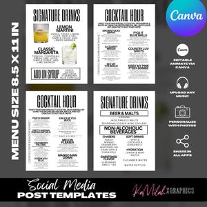 Puede incluir: Plantillas de publicaciones en redes sociales para menús de cócteles, con recetas de bebidas y opciones de personalización de Canva. El diseño incluye una variedad de nombres e ingredientes de cócteles, con un enfoque en bebidas de autor y sin alcohol. Las plantillas miden 21,59 x 27,94 cm.