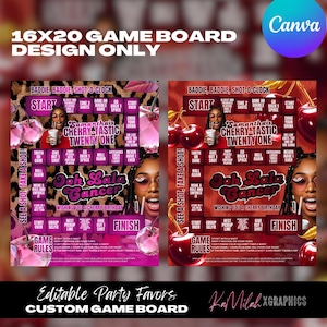 Könnte beinhalten: Ein individuelles Spielbrettdesign mit Kirschthema, mit dem Text "Samantha's Cherry-tastic Twenty One". Das Design enthält Spielregeln, ein Foto einer Frau und die Worte "Baddie, Baddie, Shot-O-Clock."