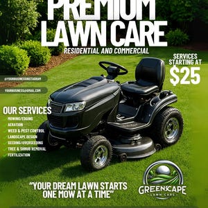 May include: An advertisement for premium lawn care services. The image features a black riding lawn mower on a green lawn. Text includes "Premium Lawn Care," "Residential and Commercial," and a list of services such as mowing, aeration, and weed control.