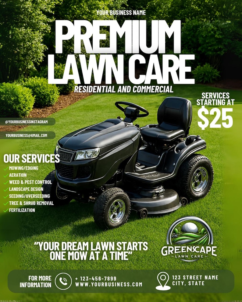 May include: An advertisement for premium lawn care services. The image features a black riding lawn mower on a green lawn. Text includes "Premium Lawn Care," "Residential and Commercial," and a list of services such as mowing, aeration, and weed control.