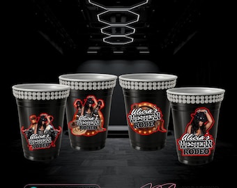 May include: Four black plastic party cups featuring a silver rhinestone-style rim. Each cup displays a graphic of a person in a cowboy hat with the text Alicia's Western Rodeo. The design includes a lasso, a bull, and a marquee light border.