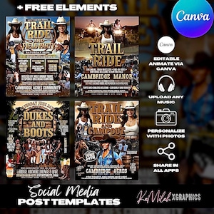 Western Flyer (4 TEMPLATES), Western Party Flyer, Birthday, Night Club Flyer, Rodeo, Dukes and boots, Trail ride and Campout, Club flyer
