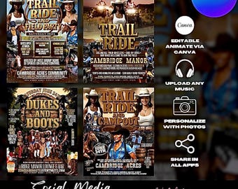 Western Party Flyer Templates, Rodeo, Trail Ride (Editable Canva)