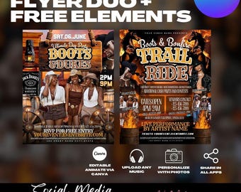 Modèles de flyers fête western, thème bottes et feu de joie (modifiables sur toile)