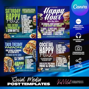 Happy Hour Flyer (4 TEMPLATES), Ladies night, Tropical Happy Hour, Cocktail, Beer Flyer, Bar & Grill, Karaoke, Tropical, Bar, Club Flyer