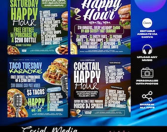 Happy Hour Flyer Templates, Bar & Club, Tropical Design (Canva Editable)