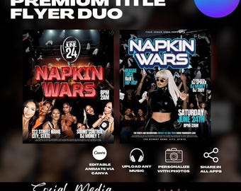 Plantillas de volantes de Guerra de servilletas, temática de fiesta (editables en Canva)