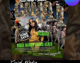 Camo Field Party Flyer, Bonfire Event, Trail Ride (Canva Template)