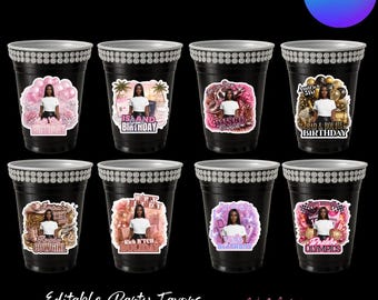 Editable Party Cup Sticker Template, Custom Birthday Favors (Canva Digital Download)