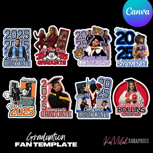 May include: A collection of graduation fan templates with various designs. Each template features a graduate's image, the year 2025, and congratulatory messages. The designs incorporate different color schemes and fonts, with a Canva logo in the top right corner.
