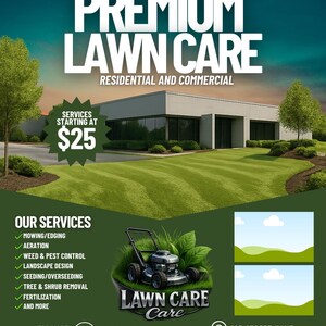May include: A promotional flyer for premium lawn care services. The design features a modern building, manicured lawns, and a lawnmower graphic. Text includes "Premium Lawn Care," service descriptions, and contact information. Services start at $25.