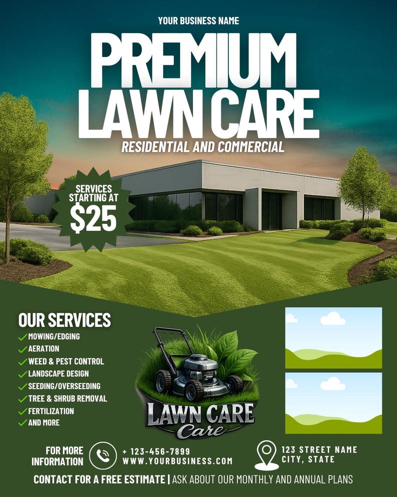 May include: A promotional flyer for premium lawn care services. The design features a modern building, manicured lawns, and a lawnmower graphic. Text includes "Premium Lawn Care," service descriptions, and contact information. Services start at $25.