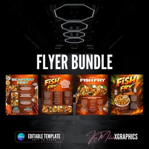 Könnte beinhalten: Ein digitales Flyer-Paket mit vier verschiedenen Werbevorlagen zum Thema Meeresfrüchte. Jedes Design zeigt lebendige orangefarbene und rote Farbschemata, Lebensmittelfotografie und fettgedruckte Überschriften wie SEAFOOD FEST und FISH FRY sowie ein bearbeitbares Canva-Logo.