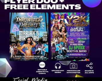 Y2K Party Flyer Templates, 90s Throwback, Canva Editable (Digital Download)