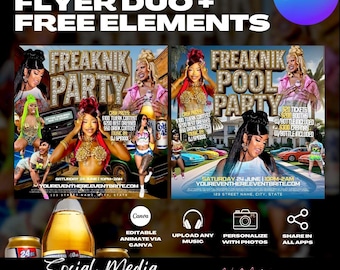 Modèles de flyers Freaknik Party, pool party, éditables sur toile (téléchargement numérique)