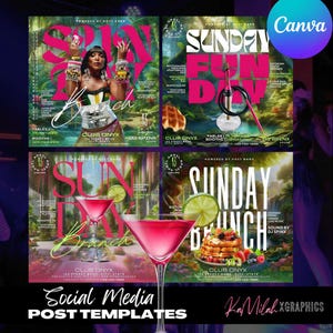 May include: Four colourful social media post templates for a Sunday brunch event at Club Onyx. Each template features a tropical jungle background with text that says "Sunday Brunch" or "Sunday Fun Day". The templates also include images of food, drinks, and a shisha.