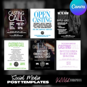 Puede incluir: Un conjunto de plantillas de publicaciones en redes sociales con el texto "Casting Call" en varios diseños. Las plantillas anuncian puestos de trabajo como camareros, azafatas y otros. El logotipo de Canva es visible en la esquina superior derecha.